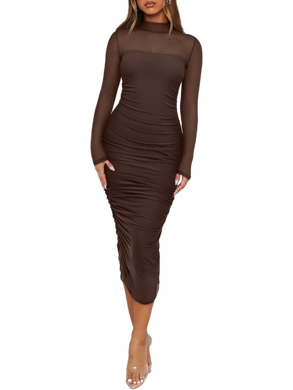 Women's Chocolate Fall Mesh Sheer Long Sleeve Midi Ruched Bodycon Elegant Dress